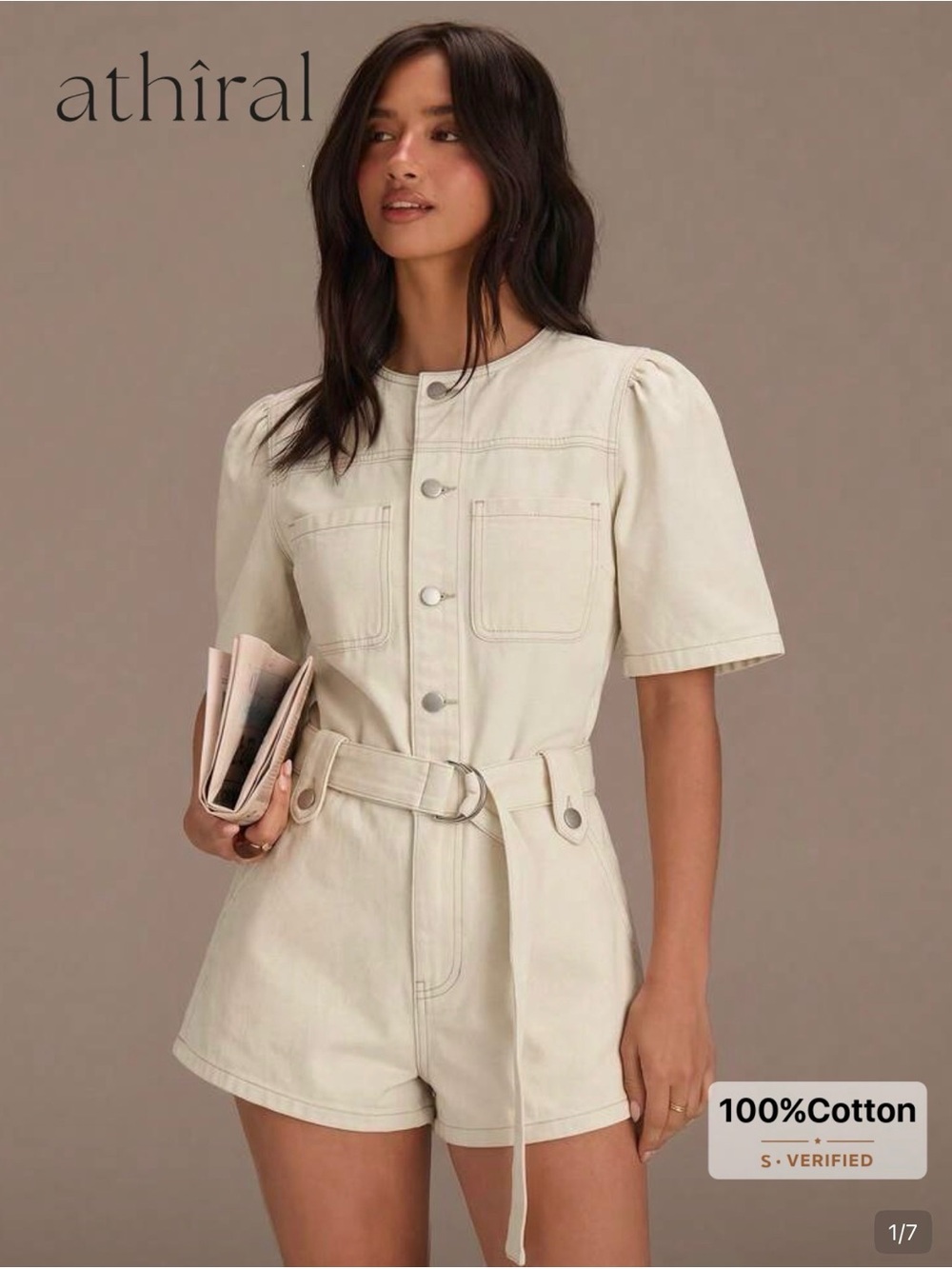 Athiral Cream Short-Sleeve Cotton Denim Utility Romper with Belt